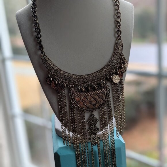 Antique Boho Statement Necklace - Vintage Filigree Pendant with Layered Chains - Picture 4 of 7